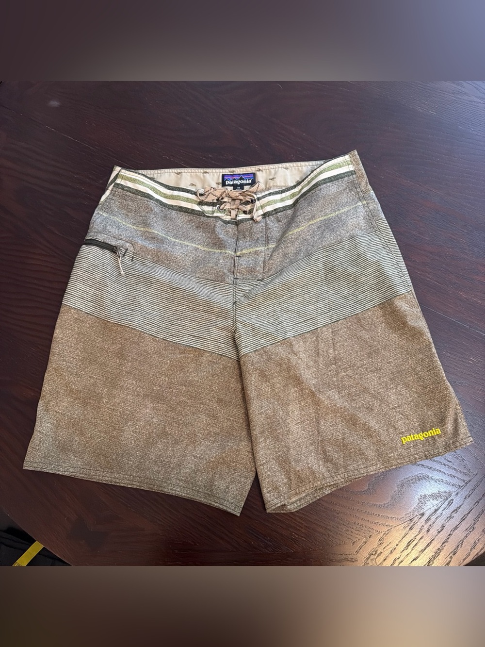 Patagonia Brown and Olive Men's Striped Board Shorts